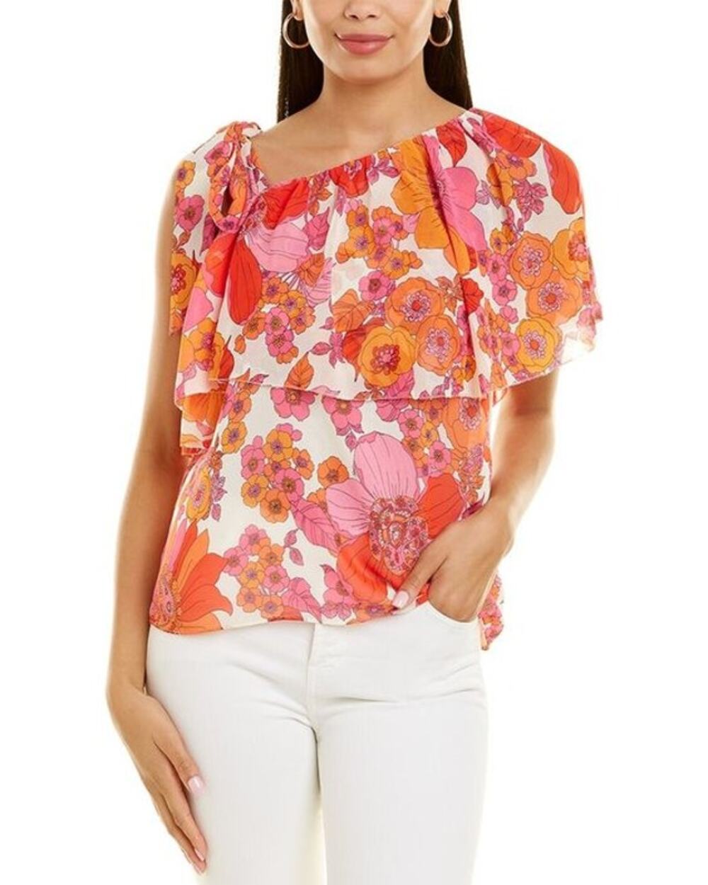 NEW Trina Turk Kapalua Floral Print Top Size XS Chiffon Shoulder Tie Pink Orange